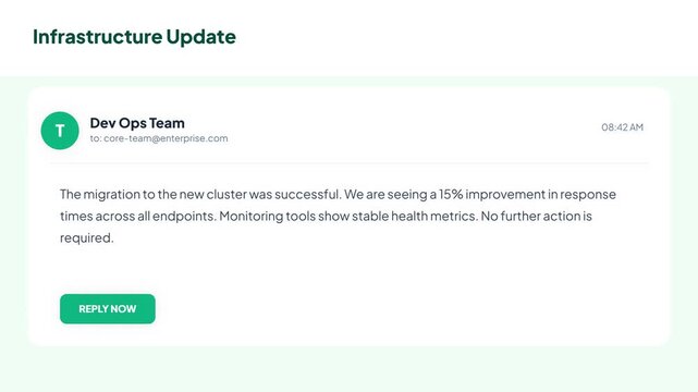 Professional business email inbox interface displaying a successful infrastructure update notification from dev ops