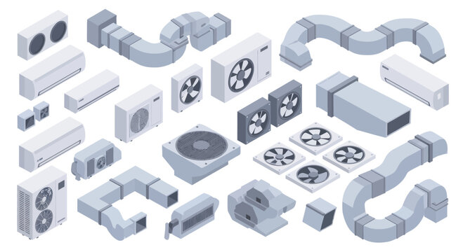 Isometric HVAC System Components and Ventilation Ductwork Collection.