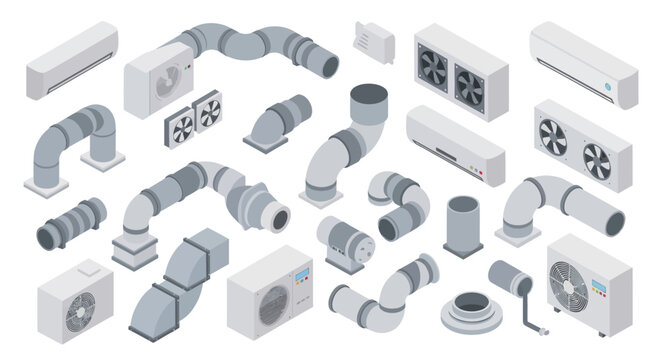 Isometric HVAC System Components and Ventilation Ductwork Set.