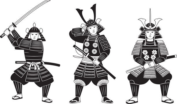 Ancient samurai warriors wearing full ceremonial armor posing with swords in traditional combat style.