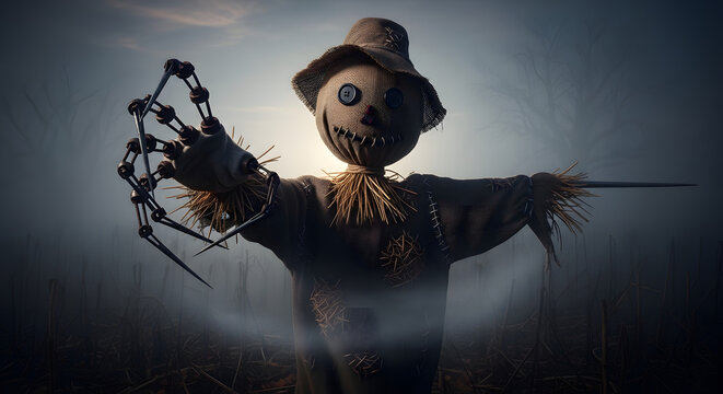 Sinister scarecrow with a mechanical claw in a spooky, foggy field at dusk.