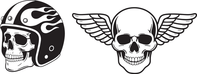 Fototapeta premium Motorcycle helmet skull and winged skull graphic design for biker apparel and tattoo inspiration set.
