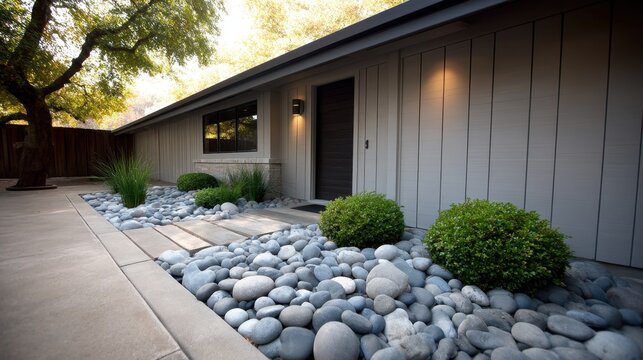 Modern Landscape Design Featuring Smooth River Stones and Lush Greenery in Front of Contemporary Home Exterior
