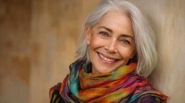 Smiling Mature Woman With Gray Hair Wearing Colorful Scarf Against Beige Background For Senior Portrait Concepts