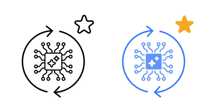 Feedback recommendation loop icon. System node with circular loop and star element. Suggestion cycle mechanism. Recommendation feedback process. Simple geometric illustration.