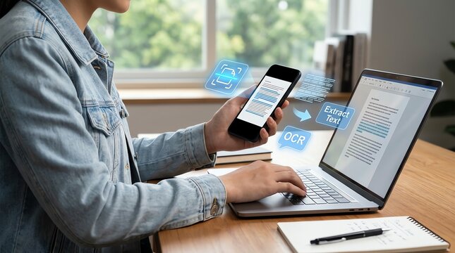 Professional utilizing smartphone for document scanning and OCR technology, converting paper files to digital and enhancing workflow on laptop