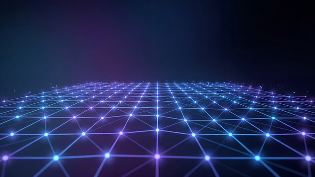 Futuristic network grid with glowing blue and purple nodes on dark background