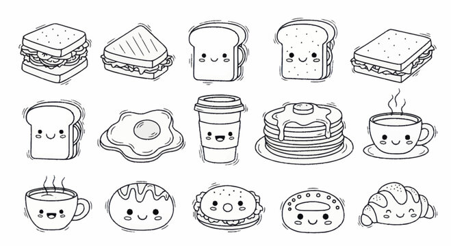 Adorable Kawaii Breakfast Food Items Collection.