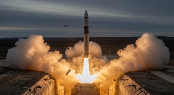 Rocket launch missile blast fire smoke military weapon dramatic sky desert landscape warfare technology explosive power evening light defense concept