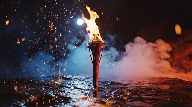 Flaming red torch standing upright on wet rocky ground emitting sparks and fire, set against a dark atmosphere with thick blue and orange smoke and a bright moon light in the background.
