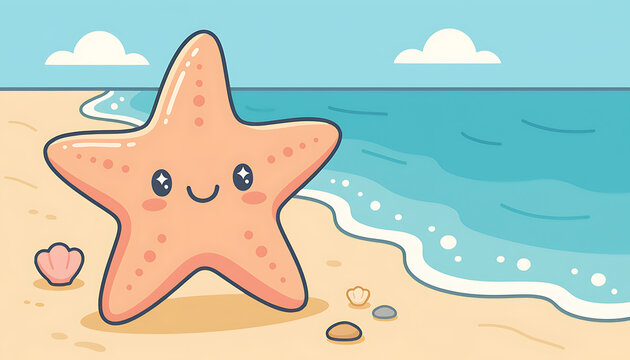 Cute Cartoon Starfish Smiling on a Sandy Beach.