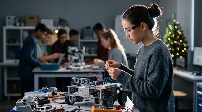 Young female student building a robot in a science and technology classroom