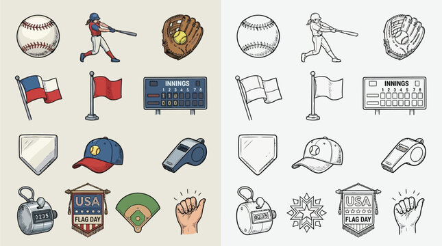 Collection of baseball sports equipment and flags in both vibrant color and detailed line art styles.