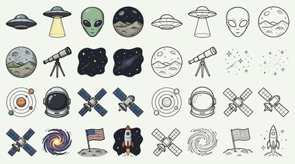 A collection of colorful and monochrome illustrations depicting various space-themed elements such as UFOs, aliens, planets, telescopes, astronauts, and rockets. © renender