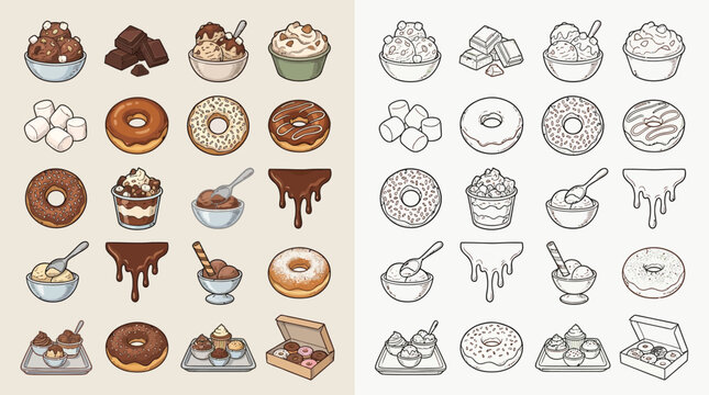 Collection of colorful and black and white illustrations of various desserts and sweets, including donuts, ice cream, brownies, and chocolates.