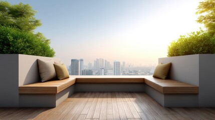 Obraz premium Modern rooftop terrace with wooden bench and lush greenery overlooking a vibrant city skyline during sunset with warm sunlight and serene ambiance