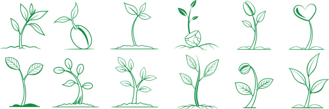 Green plant growth icons set showing sprouting seedlings and leafy stages in simple line style. Minimal eco nature symbols ideal for agriculture, gardening, sustainability, and biology concepts. Clean