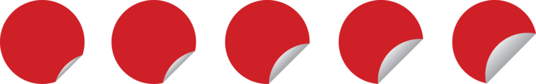 Red sticker circle set with peeling corner effect showing realistic curled edges for labels and badges. Minimal glossy round shapes ideal for sale tags, branding, and promotional designs. Clean vector
