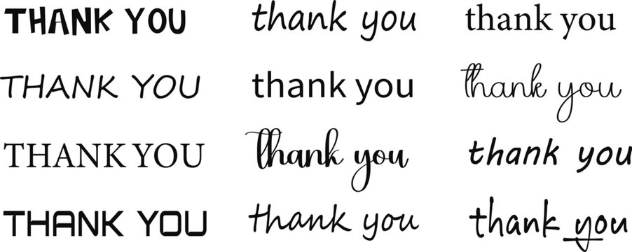 Thank you lettering set with multiple handwritten and modern typography styles for cards and branding. Collection of elegant gratitude phrases in script, serif, and sans fonts for invitations,