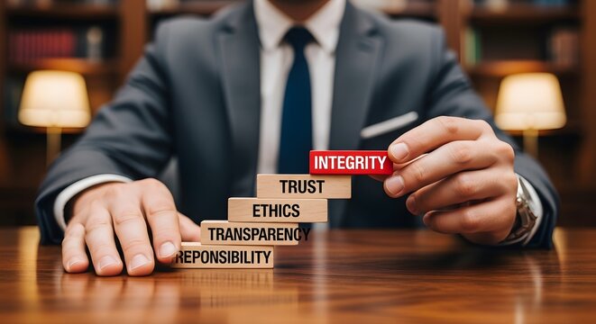 Corporate lawyer arranges red integrity block on foundational ethical principles symbolizing trustworthy business practices and legal compliance