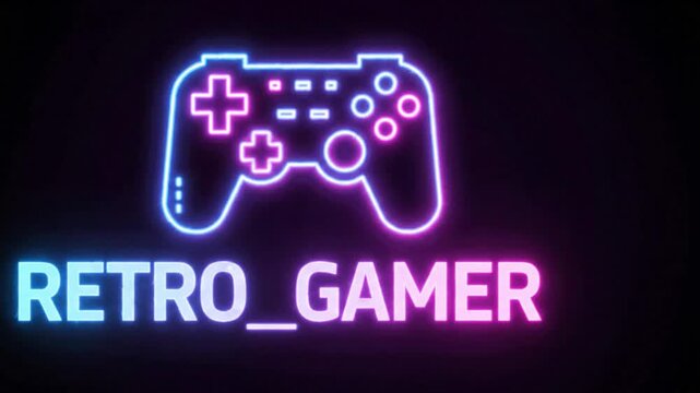 A neon-style animation of a glowing game controller icon with the text &ldquo;RETRO_GAMER,&rdquo; set against a dark background, evoking a nostalgic arcade and gaming aesthetic.