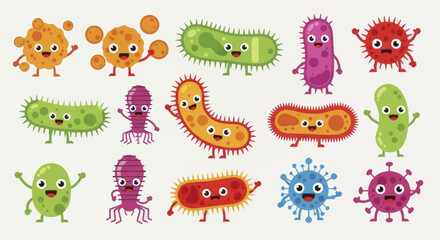 Obraz premium Collection of Adorable Cartoon Bacteria and Microbes with Happy Faces.