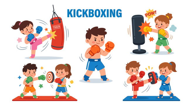 Illustration of children practicing kickboxing, engaging in martial arts, and developing fitness through active sports and combat training