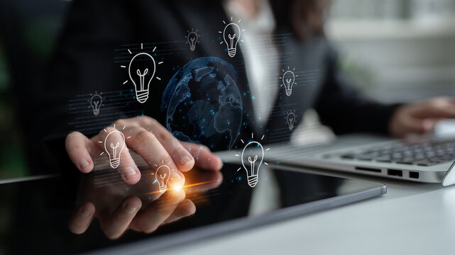 Concept of global innovation and shared knowledge. A network of creative ideas and brainstorming from around the world leads to new business solutions and bright insights. Fermion
