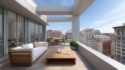 Obraz premium Spacious modern balcony with stunning city skyline view under clear blue sky featuring elegant furniture and lush greenery for urban living
