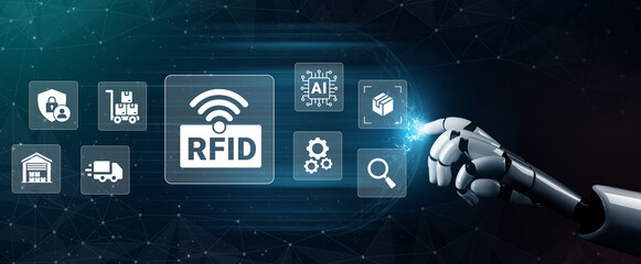 Naklejka premium A digital scene featuring a robotic hand interacting with icons representing RFID technology, highlighting its importance in logistics and smart supply chain management. Ledger
