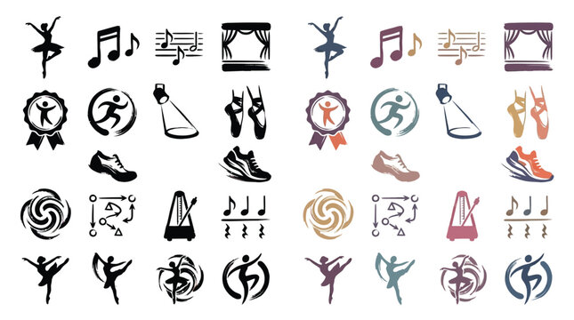 Collection of Icons Representing Dance, Music, Sports, and Performance Arts.