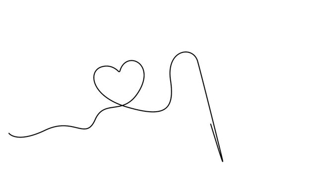 Self animated continuous line art illustration of a needle with thread that forms a heart shape