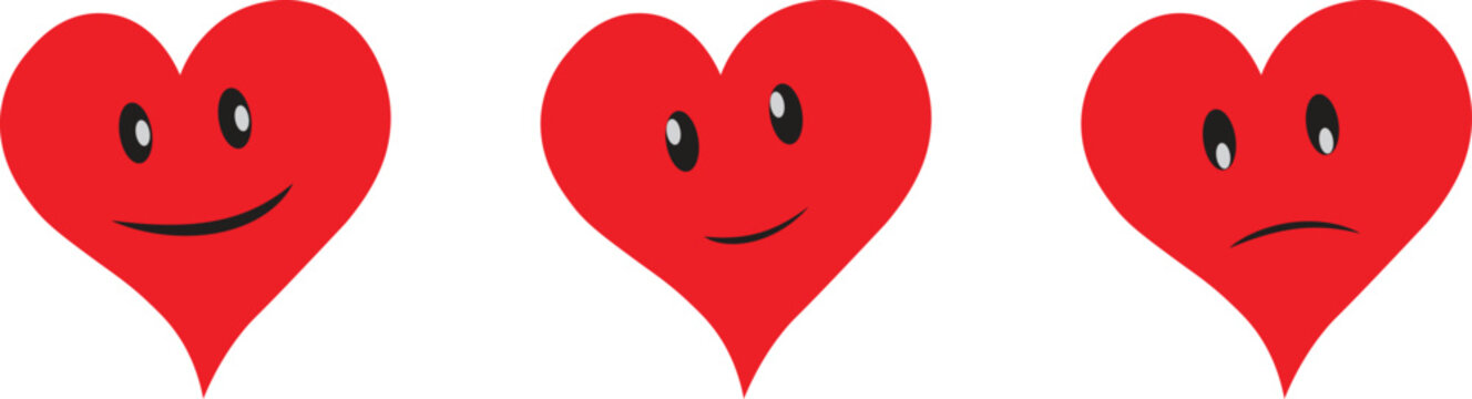 Cute heart emoji faces set with happy, smiling, and sad expressions in simple red cartoon style. Playful love icons ideal for messaging, stickers, social media, and kids designs. Clean vector