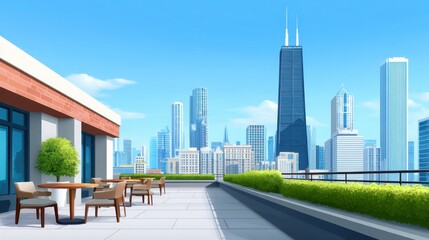 Obraz premium Modern Rooftop Terrace with Cityscape View and Stylish Furniture Under Clear Blue Sky