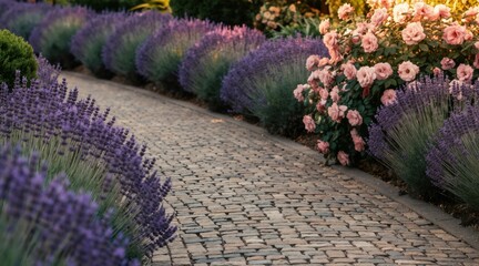 Fototapeta premium Cobblestone garden path curves between rows of purple lavender, blooming pink roses. Sunlight filters through rich green plants, creating peaceful, aromatic summer scene. Tranquil oasis invites