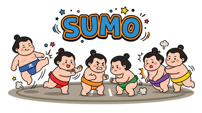 Sumo wrestling match with cartoon characters fighting in a ring with the word SUMO in bold letters above