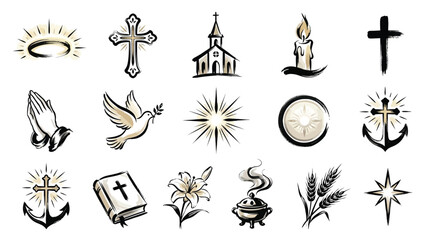 Fototapeta premium A collection of religious symbols and icons representing faith, spirituality, and Christian beliefs, including crosses, a dove, a bible, and a church.