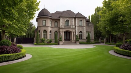 Obraz premium Elegant Mansion Surrounded by Lush Greenery in a Calm Suburban Neighborhood with Immaculate Landscaping and Inviting Curb Appeal