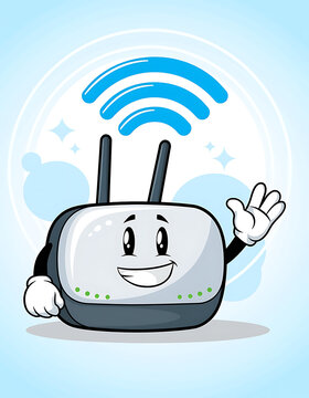 Happy WiFi Router Cartoon Character Waving.