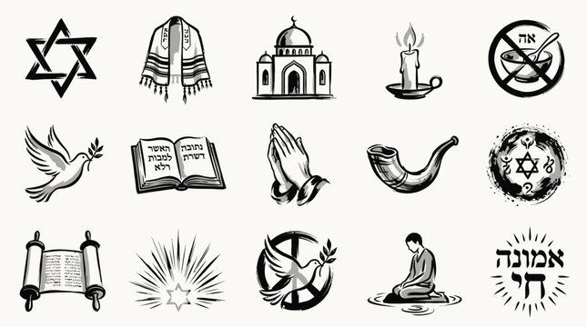 A collection of hand-drawn black and white icons representing various symbols of Judaism and religious practices.