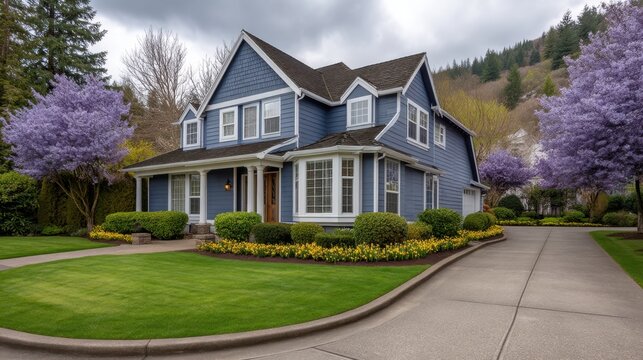 Charming Blue House with Beautiful Garden and Lush Lawn Surrounded by Vibrant Trees Under a Cloudy Sky in a Peaceful Suburban Neighborhood