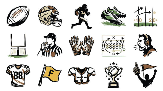Collection of American Football Icons and Symbols Representing the Sport and Game.