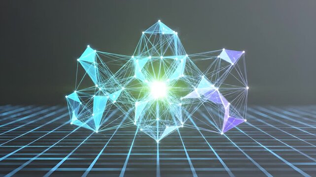 Futuristic plexus network of glowing nodes and polygons expanding and shattering into particles over a digital neon grid