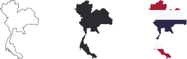 Fototapeta premium Thailand map set with outline, solid fill, and national flag style in clean vector format. Detailed country silhouette isolated on light background. Ideal for geography, travel design, infographics, 
