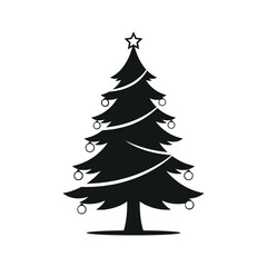 Obraz premium Minimalist Black Vector Silhouette of a Decorated Christmas Tree with Star and Ornaments on White Background