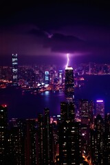 Fototapeta premium Dark purple cityscape at night. Tall buildings glow with lights below a stormy sky. Lightning strikes a skyscraper over the water, creating a dramatic urban scene.