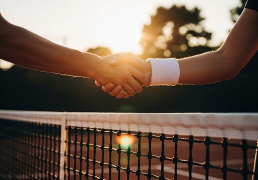 Two tennis players shake hands over the net after a match at sunset.