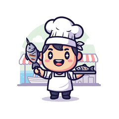 Fototapeta premium Smiling chef holding fresh fish.