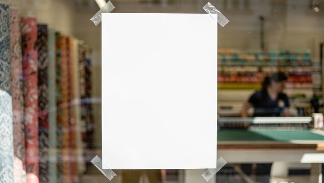 Blank white paper taped to shop window with blurred fabric rolls and creative workspace background, ideal mockup for retail signage, custom notices, business announcements, or craft studio promotions