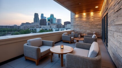 Obraz premium Modern Terrace with Urban Skyline View at Dusk Featuring Cozy Seating Arrangement and Warm Outdoor Lighting for Relaxation and Gatherings